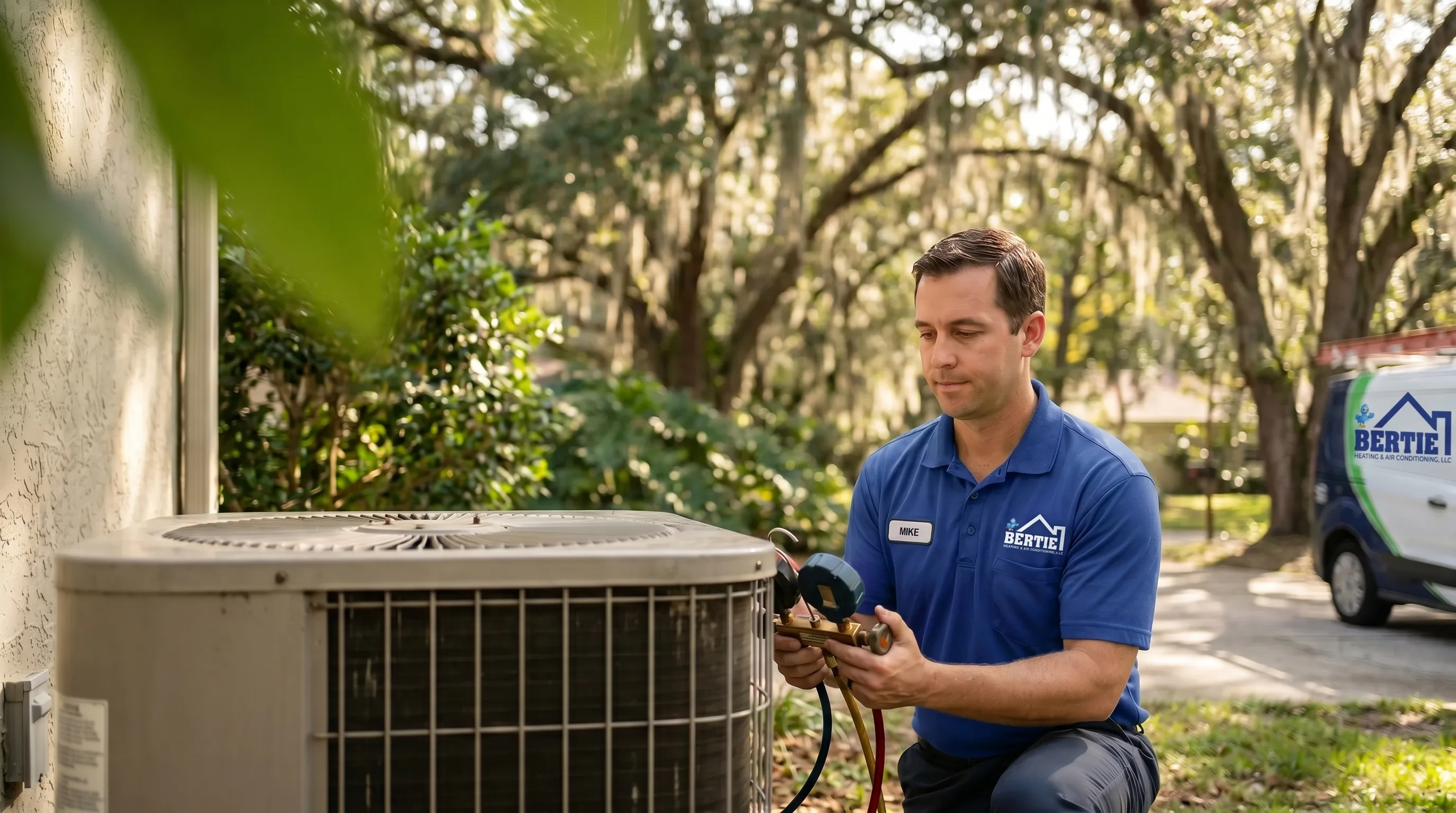 Bertie Air technician servicing a residential AC unit beside a Gainesville home