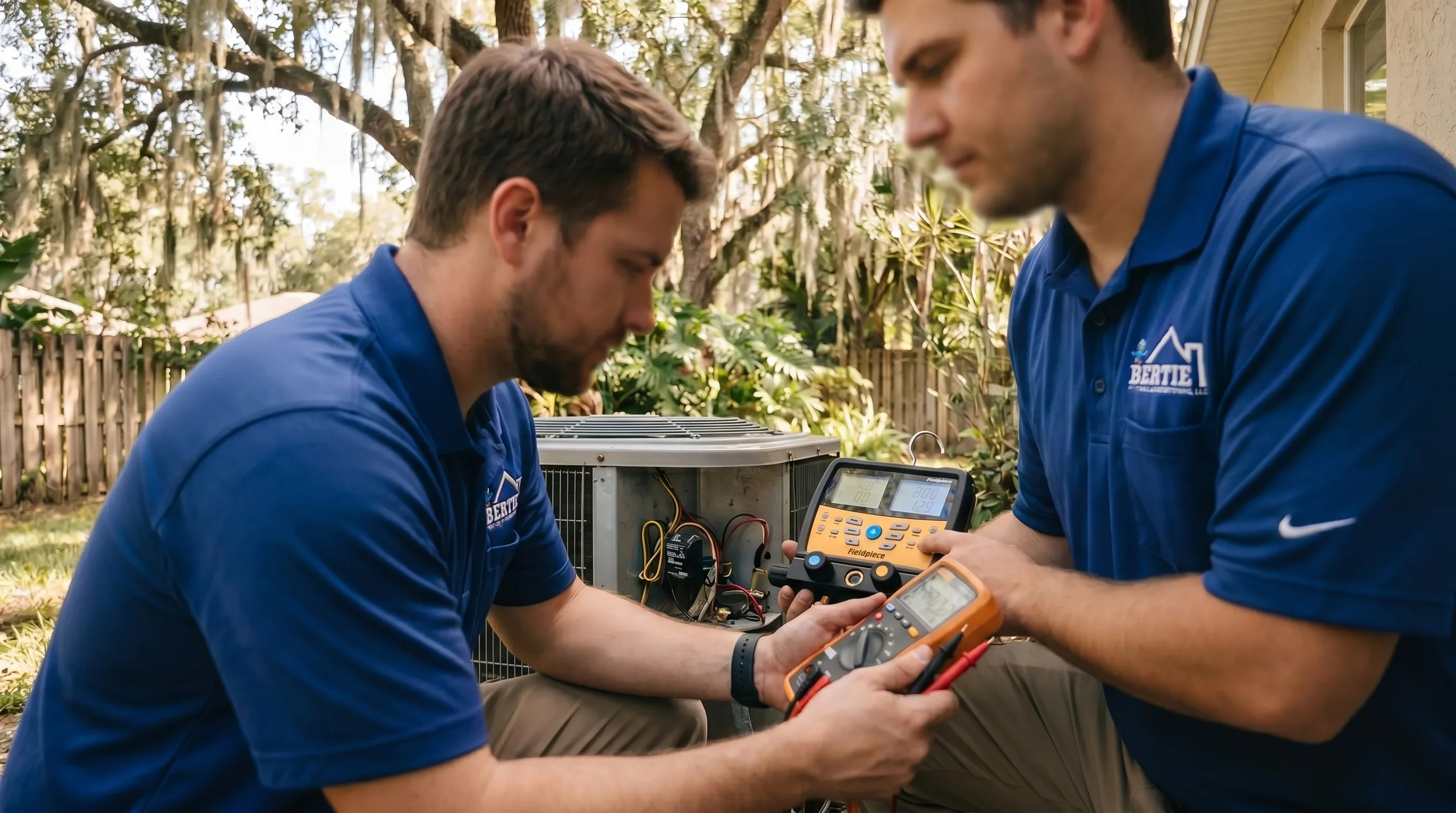 Bertie Air technicians diagnosing an AC system